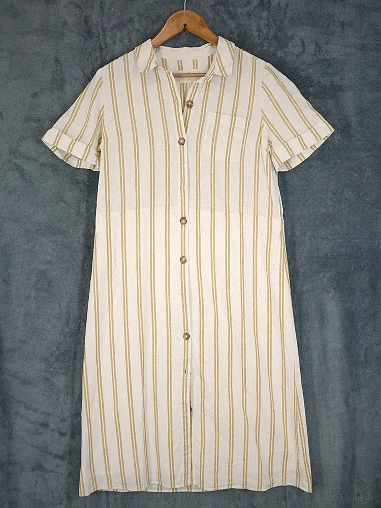 Sezane Midikleid Damen UK 12 weiß gold gestreift A-Linie Shirt Baumwolle Leinen schick