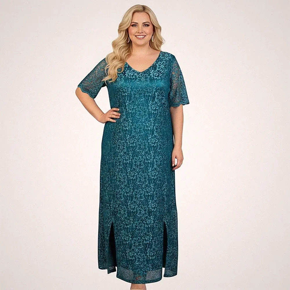 Sheego Damen Abendkleid Kleid Spitzenkleid Spitze Kurzarm grün 902 (124) NEU