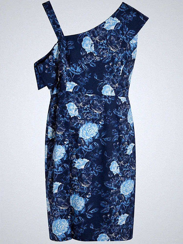 Sheego Joe Browns Kleid One Shoulder Etuikleid blau gemustert (4827) Übergröße