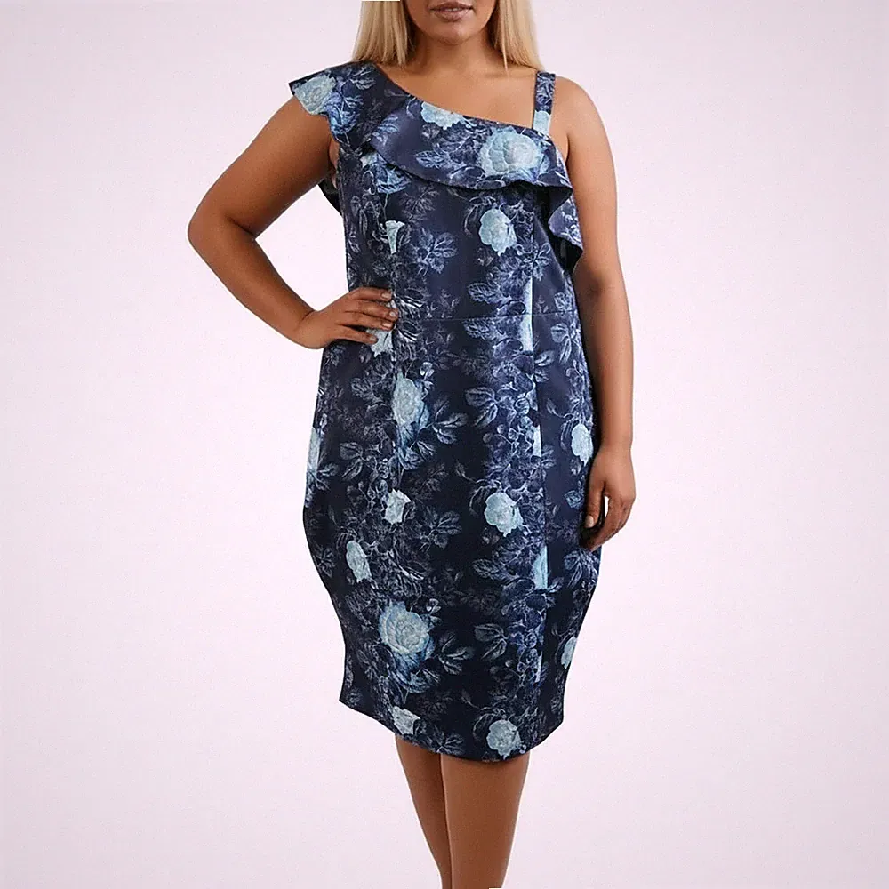 Sheego Joe Browns Kleid One Shoulder Etuikleid blau gemustert (4827) Übergröße