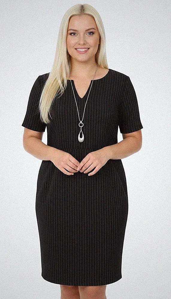 Sheego Kleid Etuikleid Cocktailkleid blau Nadelstreifen Kurzarm Gr. 24 (8695)