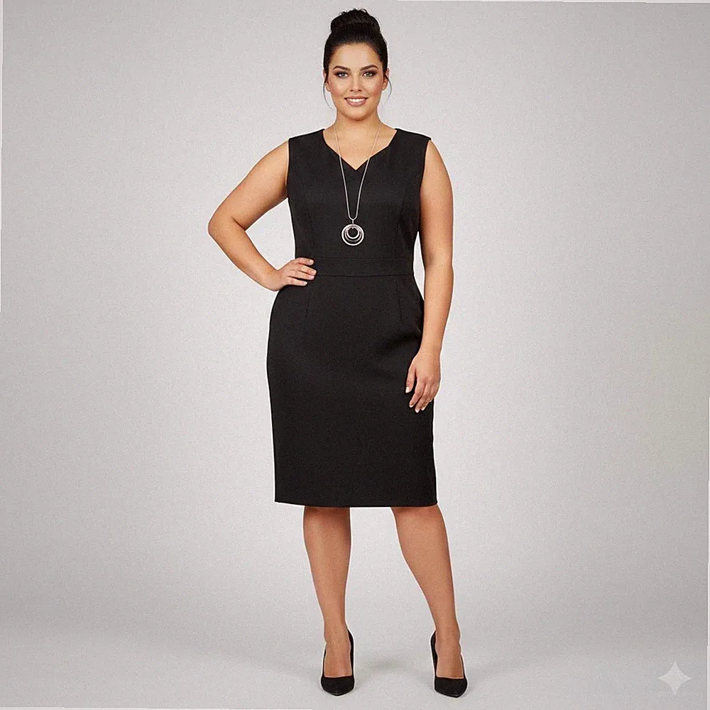 Sheego Kleid Etuikleid Gr. 40 bis 58 Schwarz V-Ausschnitt ärmelfrei (117) (154)