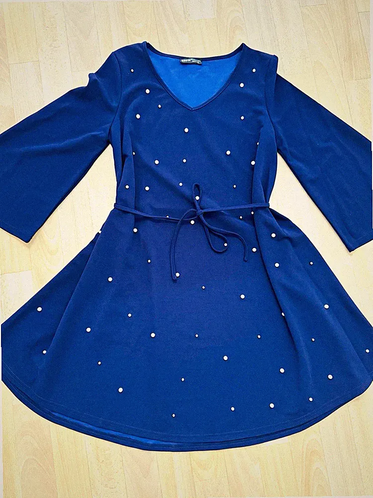 SheIn Damen A-Linien-Kleid Gr. L blau kurz V-Ausschnitt 3/4 Arm Perlen Gürtel