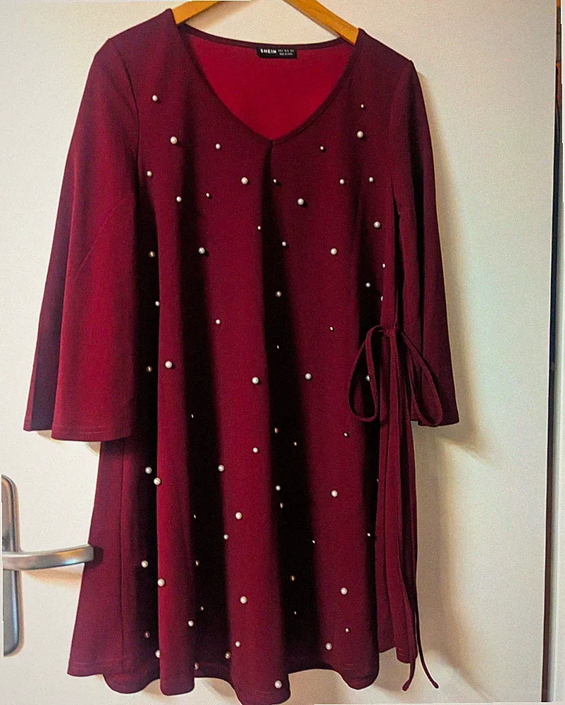 SHEIN Damen A-Linien-Kleid kurz Bordeauxrot Perlen V-Ausschnitt 3/4 Gürtel S