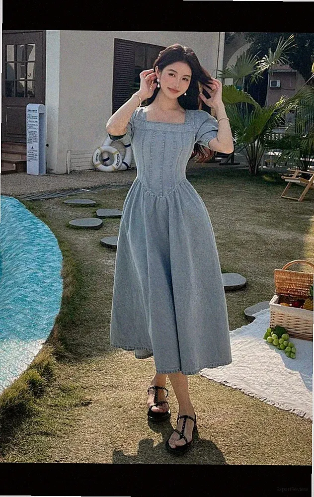 SheIn Damen Denim Jeanskleid blau Midi A-Linie Puffärmel eckig RV Gr. M