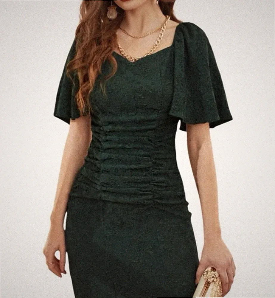shein Damen Etui-Kleid Midi Grün Blumen Herzausschnitt Raffung Kurzarm