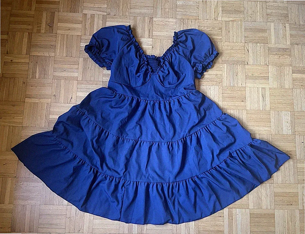 SheIn Damen Kleid 2XL blau A-Linie kurz Carmen Puffärmel gesmokt Rüschen
