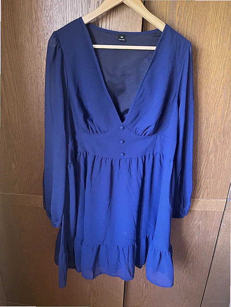 SheIn Damen Kleid 2XL blau kurz A-Linie Langarm V-Ausschnitt Rüschen Knopf