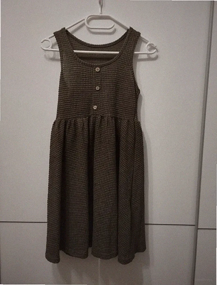 Shein Damen Kleid M grün A-Linie knielang strukturiert Knopfleiste Rundhals