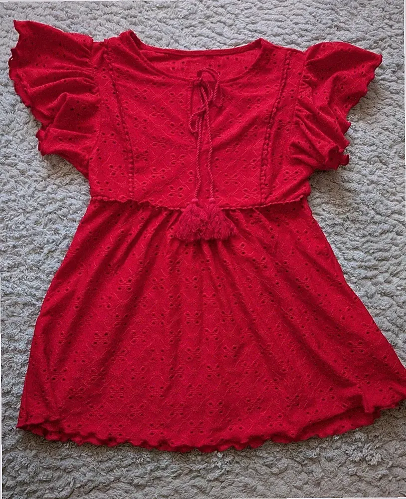 SHEIN Damen Kleid Rot XS A-Linie Spitze Flatterärmel Kurzarm