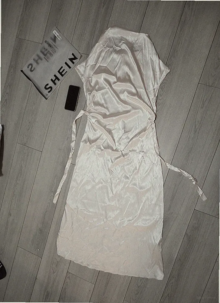 SHEIN Damen Satin Etuikleid weiß Midi Kurzarm Wasserfallausschnitt 40/42 L