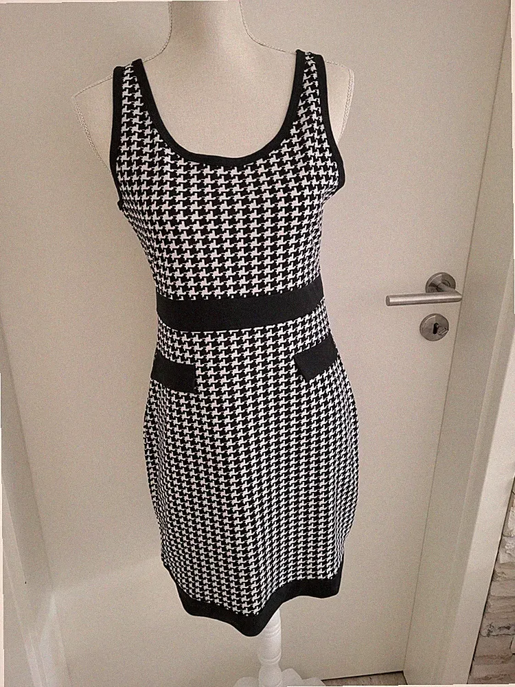 SHEIN Etui Kleid Hahnentritt Schwarz Weiß | ärmellos | Gr. L (EU 40/42)