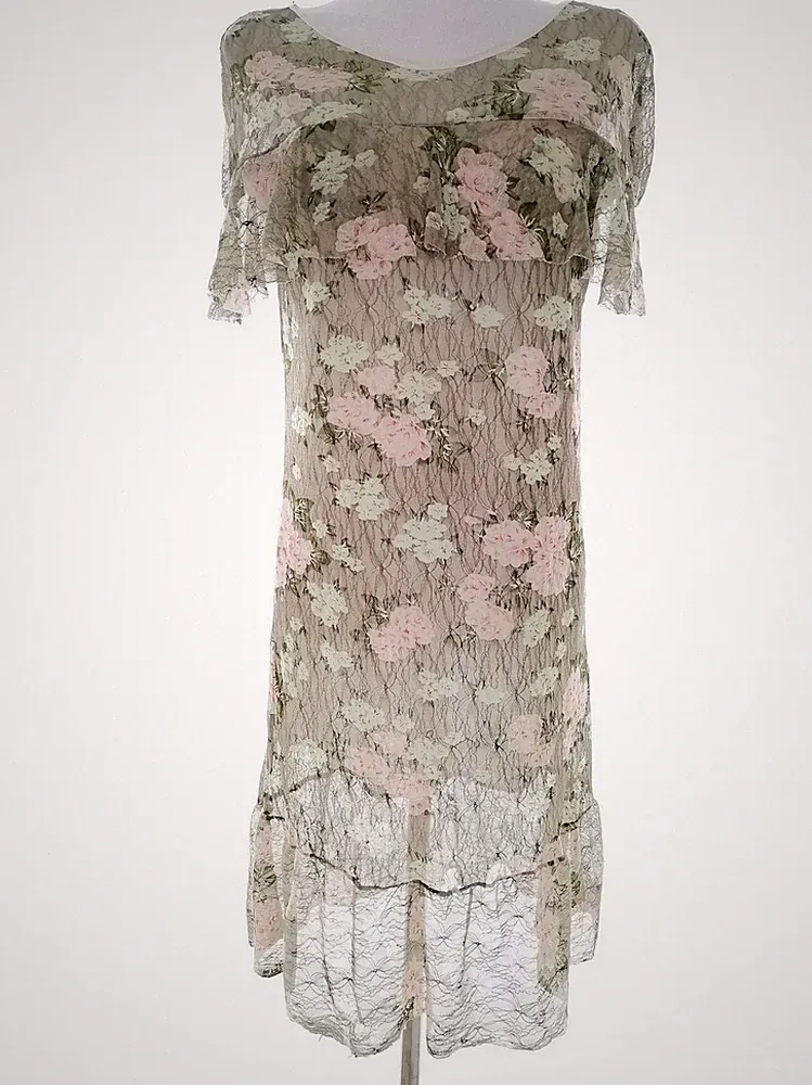 SHELIKES Damen A-Linien-Kleid Gr. 40 Khaki Kurzer Ärmel Rüsche Knielang Runder