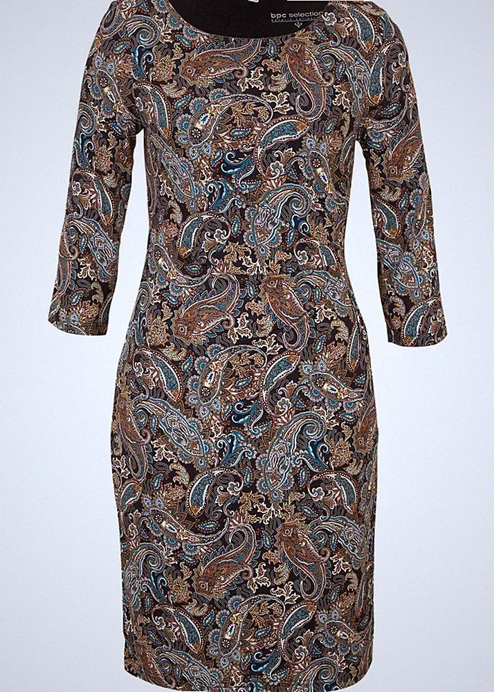 Shirtkleid mit 3/4 Arm Gr. 40/42 Schwarz Beige Paisley Damen Etuikleid Neu*