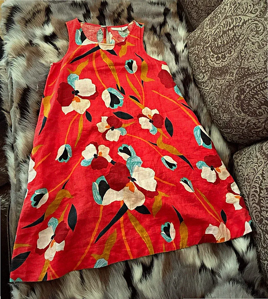 Sigrid Olsen Damen A-Linien-Kleid Leinen rot Blumenmuster ärmellos Gr. S