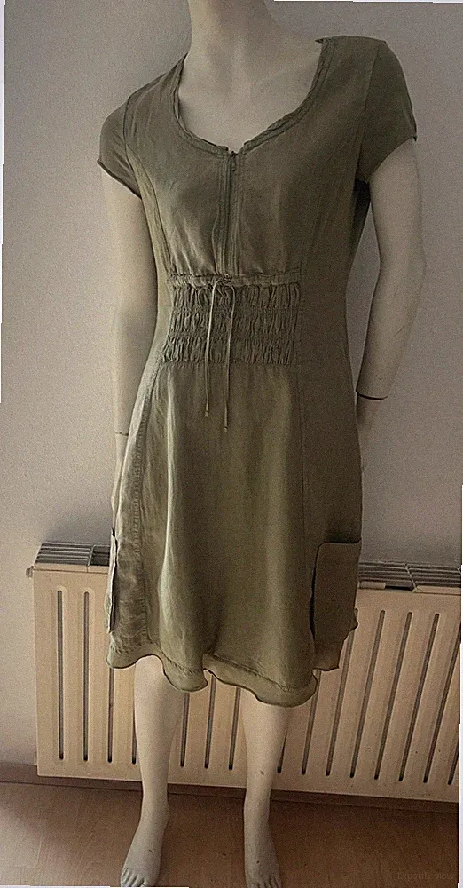 Simclan Leinenkleid gerafft kurzarm 36 Dress knielang /midi khaki Taschen Rüsche
