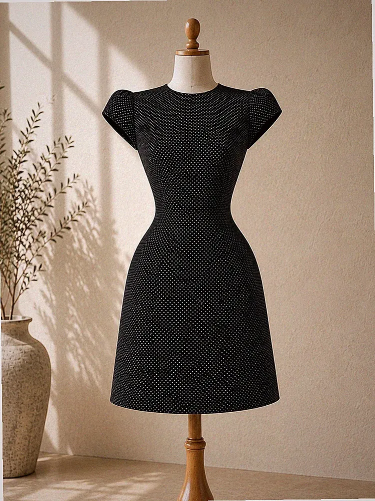 SIMPLE Kleid Business Elegant Schwarz Punkte Gr. 40 tailliert A-Linie Zipper