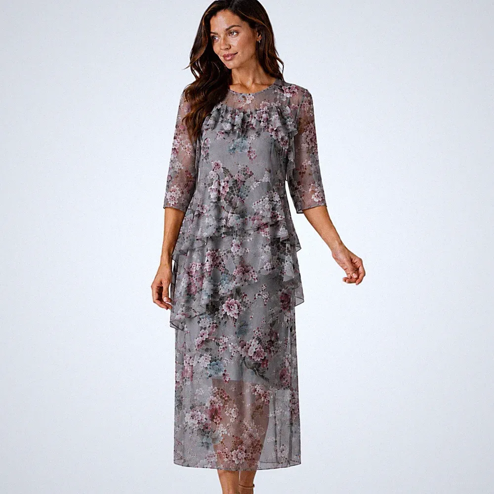 Simply Be Kleid grau Blumen UK 24 Netz-Overlay Midi Hochzeit Gast Rennen Anlass