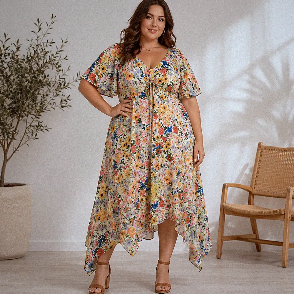 Simply Be UK 26 Kleid Blumen Rüschen Taschensaum Midi Boho Hochzeit Gast Übergröße