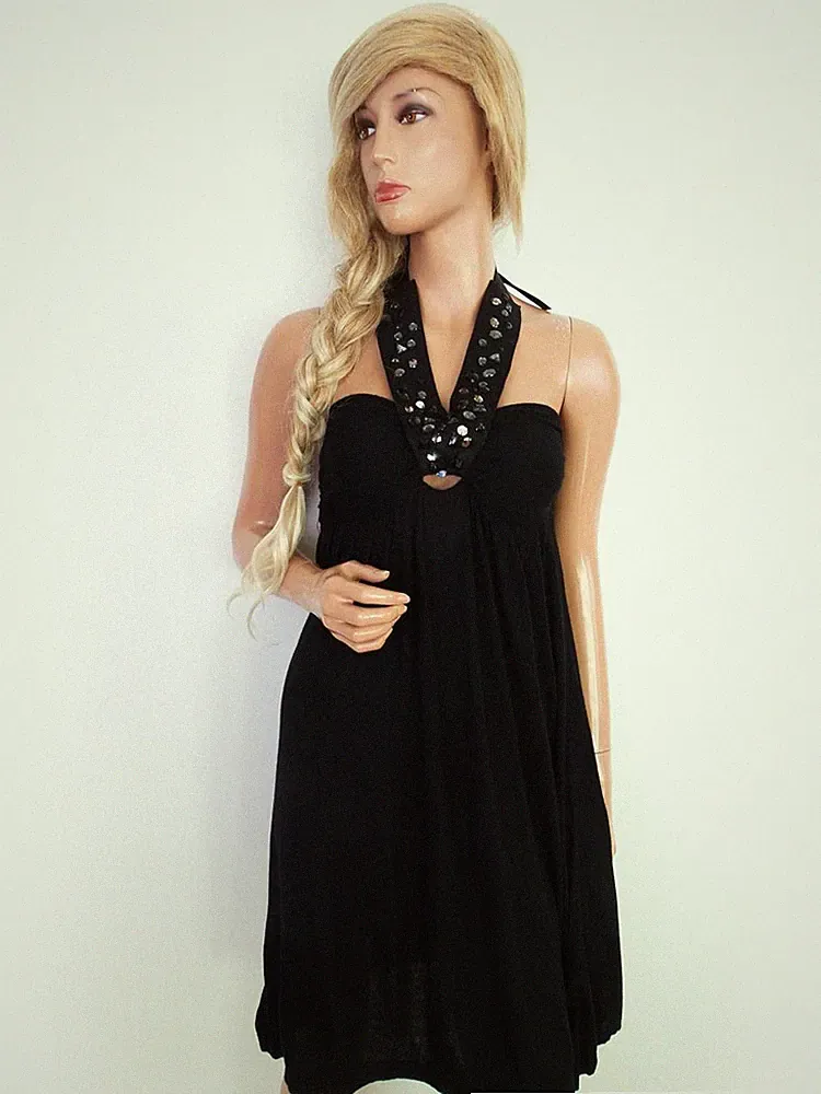 SISLEY Damen A-Linien-Kleid Gr. S Schwarz Viskose Ärmellos Kristalle Midi