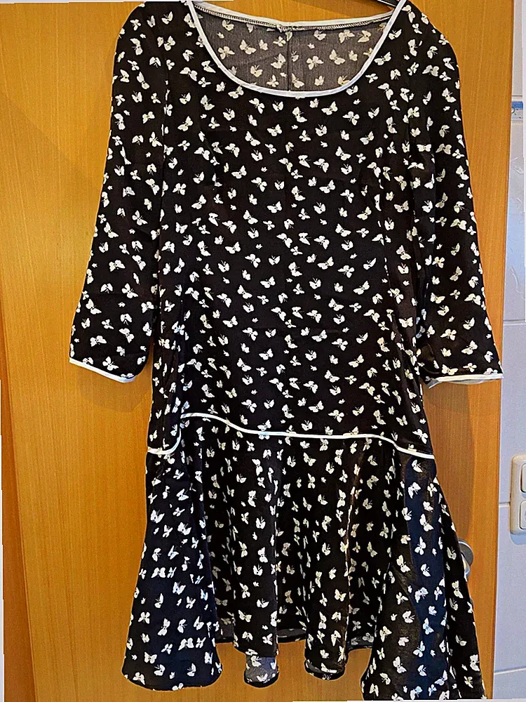 Skaterkleid Damen Schwarz/Weiß Herzen Kurz 3/4 Arm Rundhals Paspel