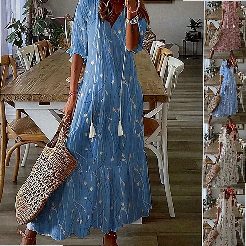 Sommer Damen Boho Maxikleid Sommerkleid Blumen Loose Langkleid Sundress