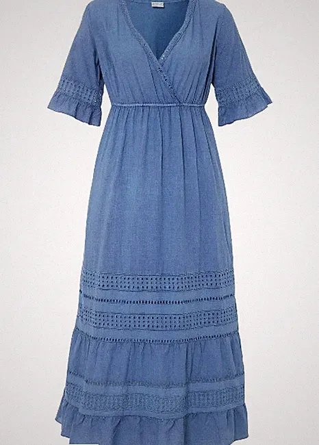 Sommer Damen Kleid Baumwolle Spitze blau Leinen Optik 36 40 42 46 48 50 neu 347