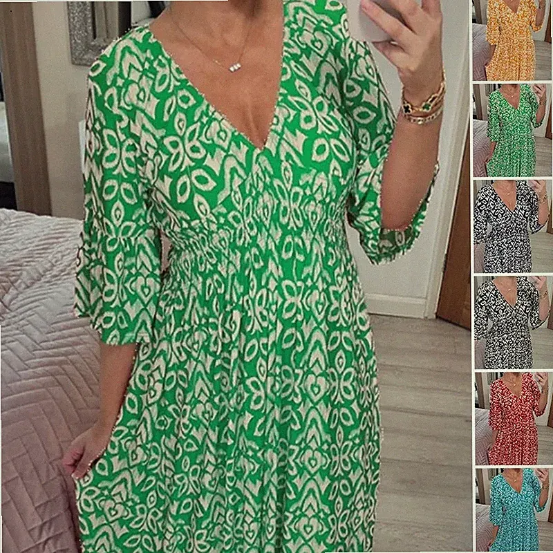 Sommer Damen Maxi Kleider Plus Größe V-Ausschnitt Floral Seaside Urlaub lässig