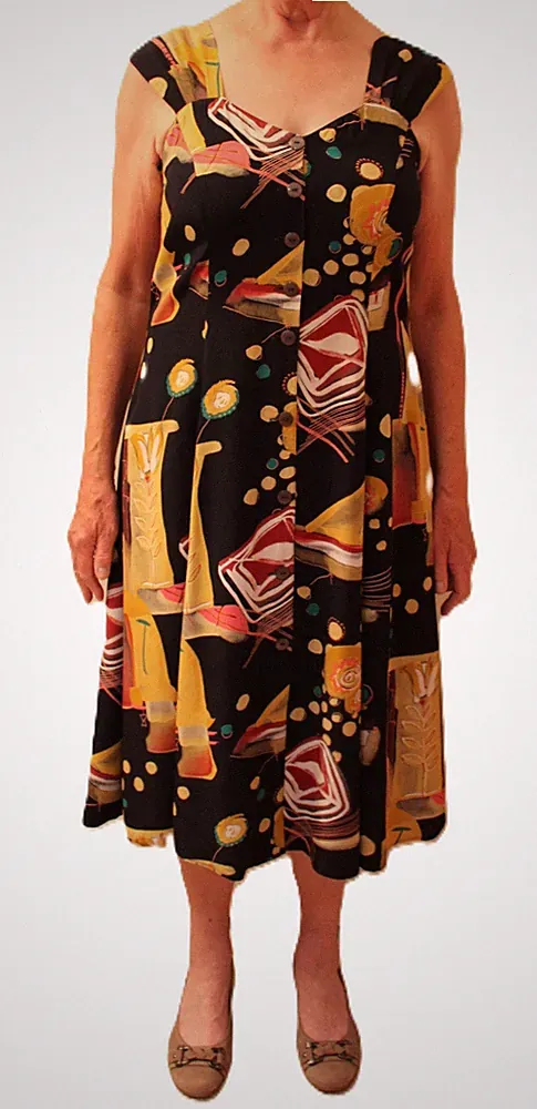Sommer-Kleid, dunkelblau bunt-gemustert, Gr 42, wadenlang, ärmellos, Viskose