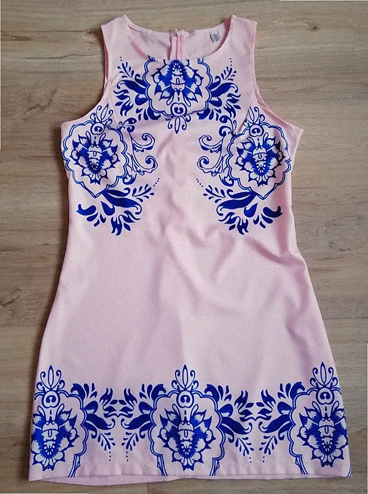 Sommer- Kleid, Größe 170, lachsrosa mit blauem Aufdruck, Reißverschluss