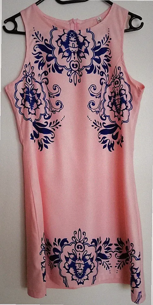 Sommer- Kleid, Größe 170, lachsrosa mit blauem Aufdruck, Reißverschluss