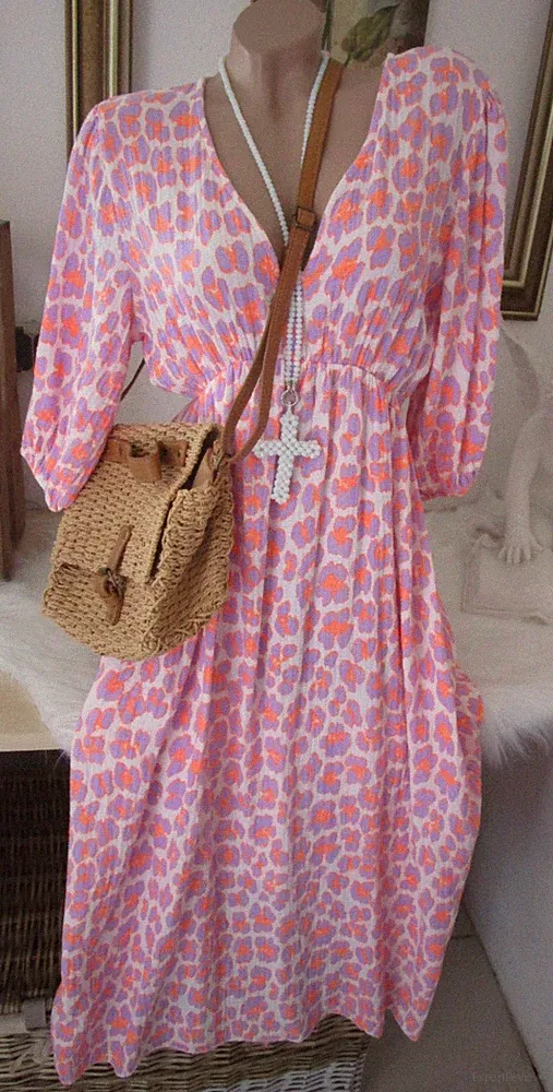 Sommer Kleid Midikleid Musselin Leo Weiß-Orange-Lila One-Size Ibiza 38 40 42 S