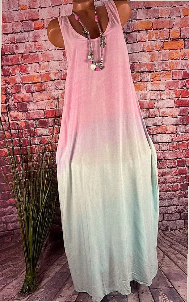sommer luftiges LANGES KLEID Tunika Italy Alinie Rainbow BODENLANG M1 36 38 40