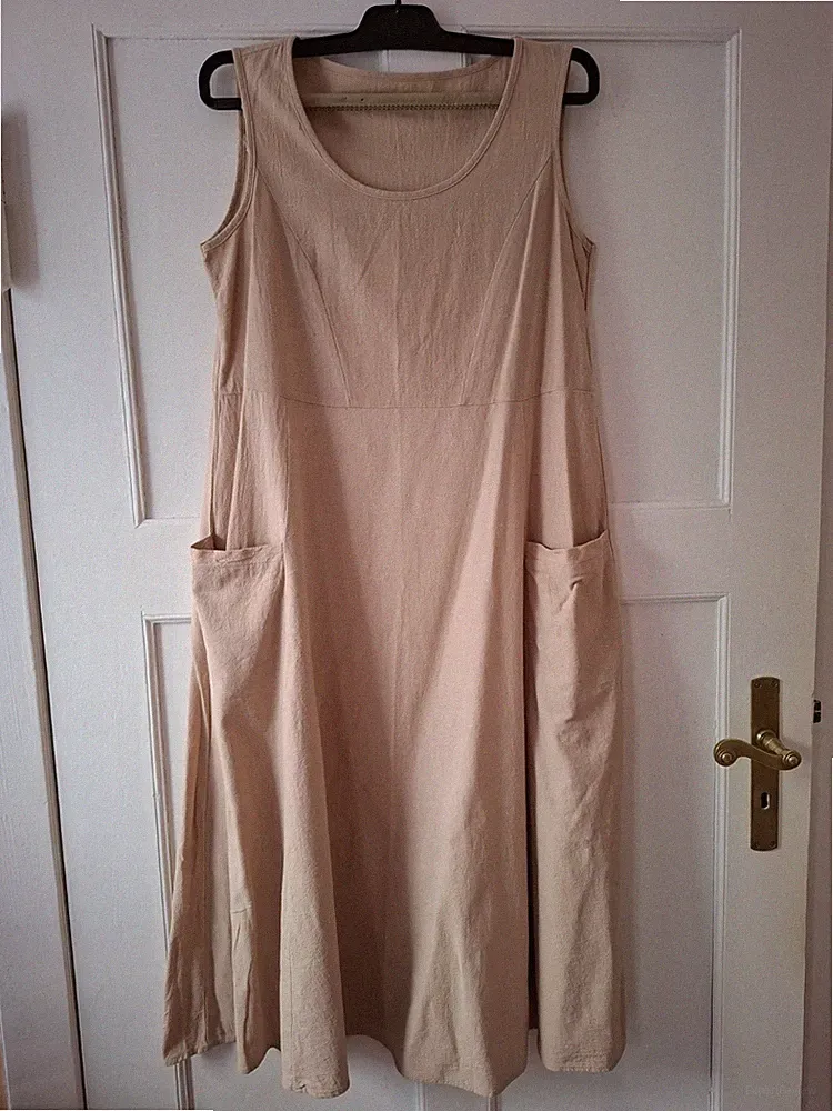 Sommerkleid 38/M 100%Cotton Beige Midi 2Taschen A-Linie