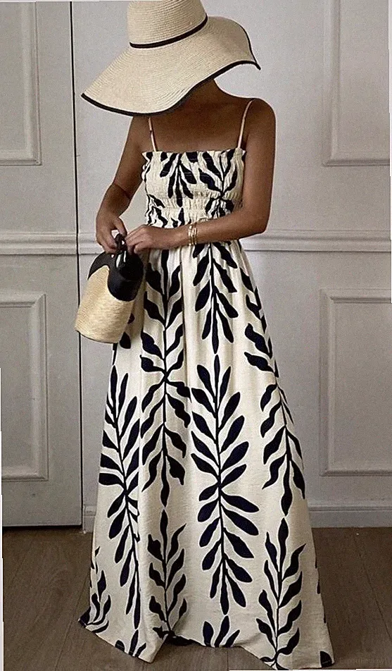 Sommerkleid Abendkleid Geblümt Blätter Marineblau Hellbeige Creme S 36