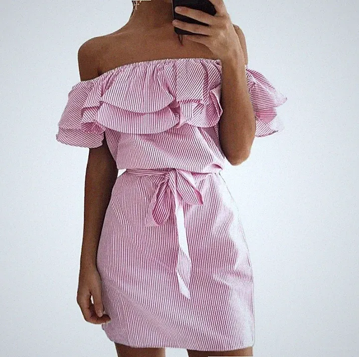 Sommerkleid Carmen-Ausschnitt Volants Gestreift Mini Kleid Off-Shoulder NEU