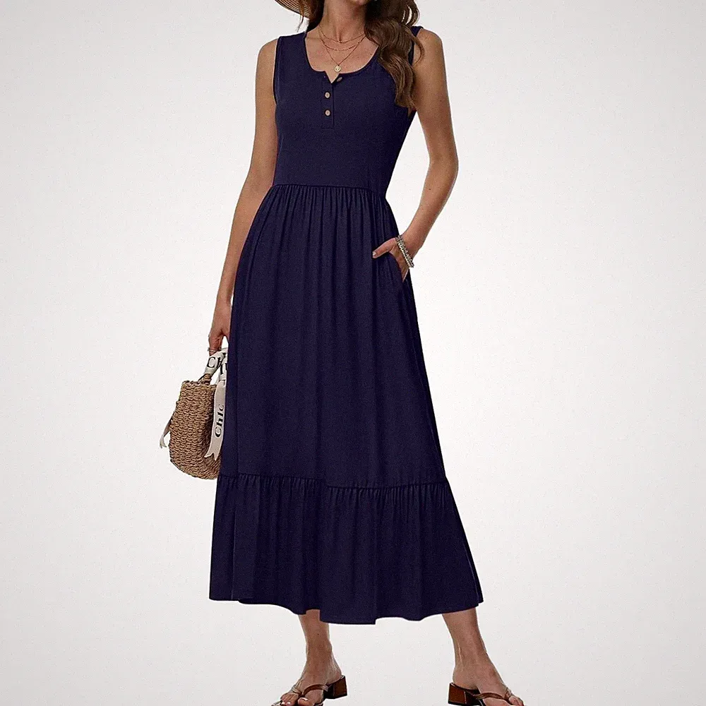 Sommerkleid Damen A-Linie Maxikleid Ärmellos Taschen Leicht luftig
