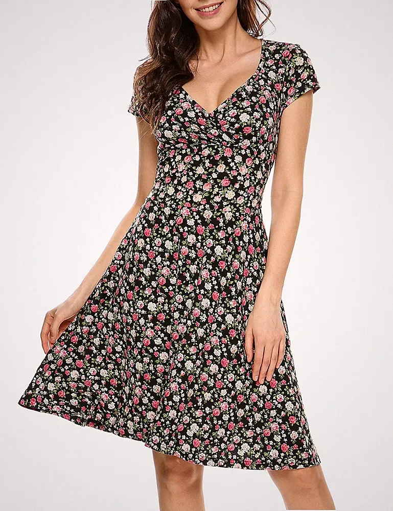 Sommerkleid Damen Knielang Blumen Blümchenkleid A Linie V Ausschnitt Jerseykl...