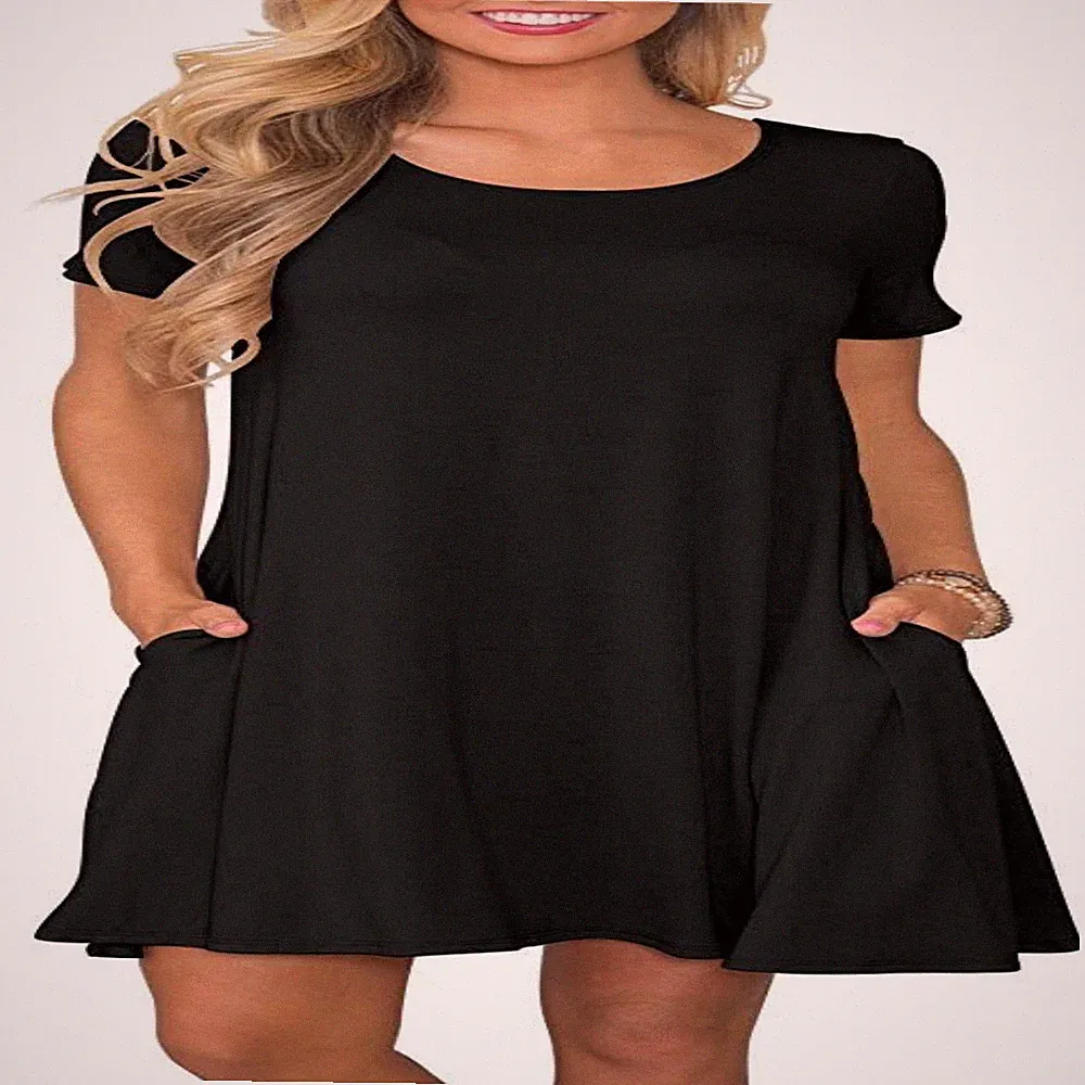 Sommerkleid Damen Kurzarm Shirtkleid kurz leicht mit Taschen Freizeitkleid Kleid