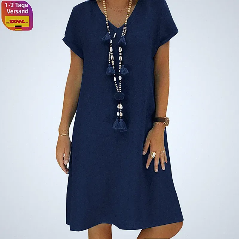 Sommerkleid Damen Leinen V-Ausschnitt Kurzarm A-Linie Midikleid Strandkleid