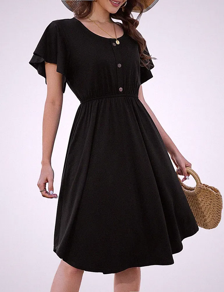 Sommerkleid Damen Midi Swing A Linie Kurzarm Taschen Baumwolle Schwarz Größe L