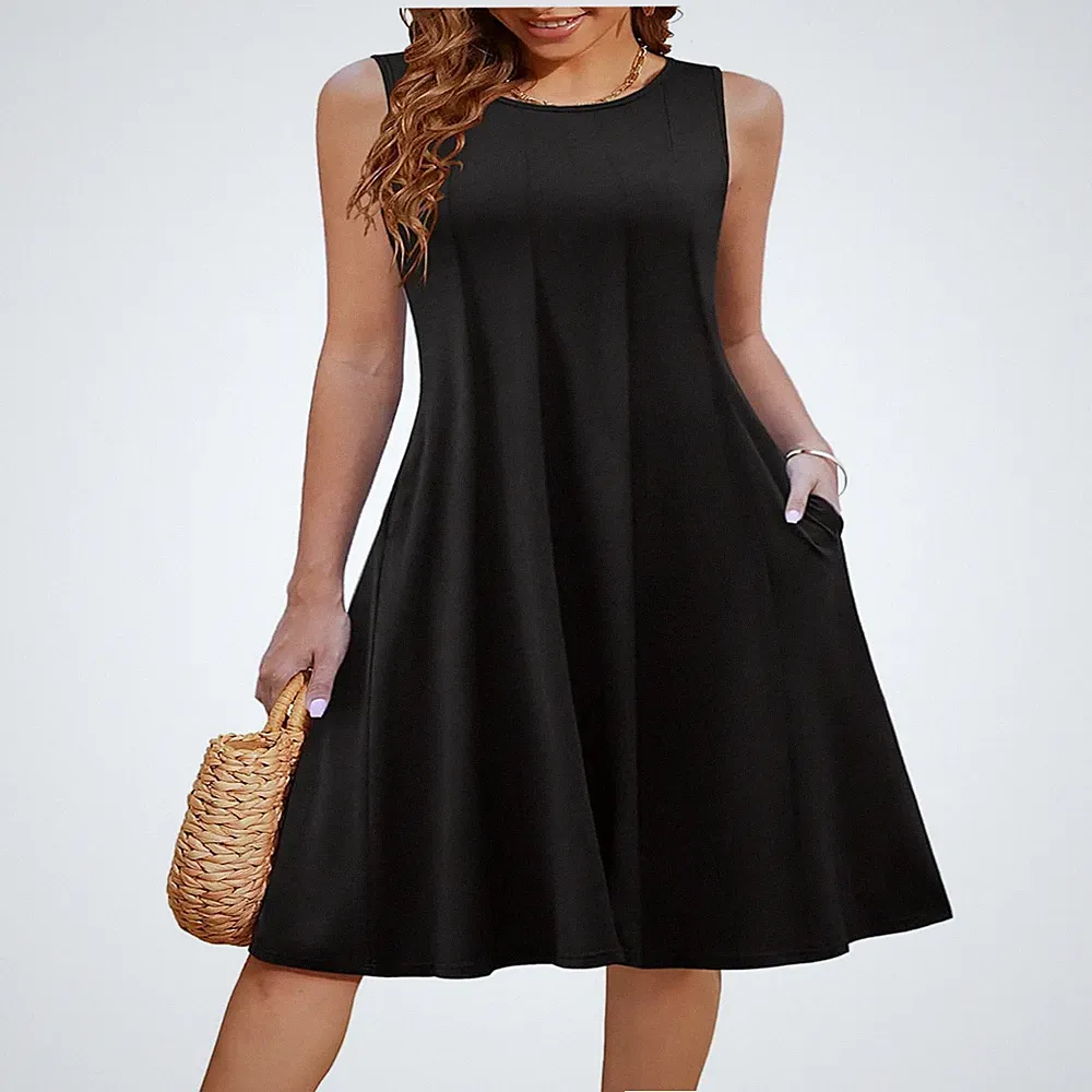 Sommerkleid Damen Midikleid Rundhals ärmellos A-Linie Blumen Jersey lässig Kleid