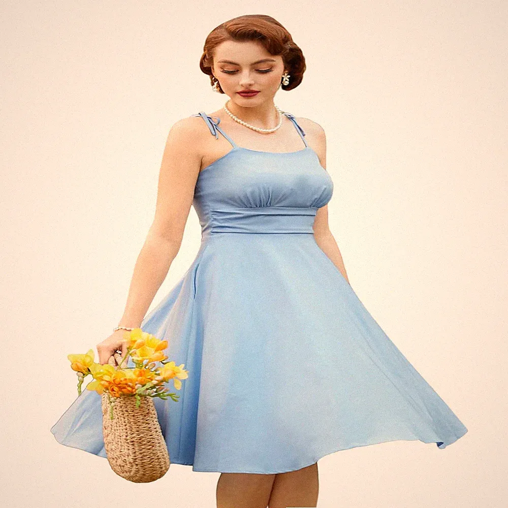 Sommerkleid Damen Spaghettiträger Midi Sonnenkleid Freizeitkleid mit Taschen