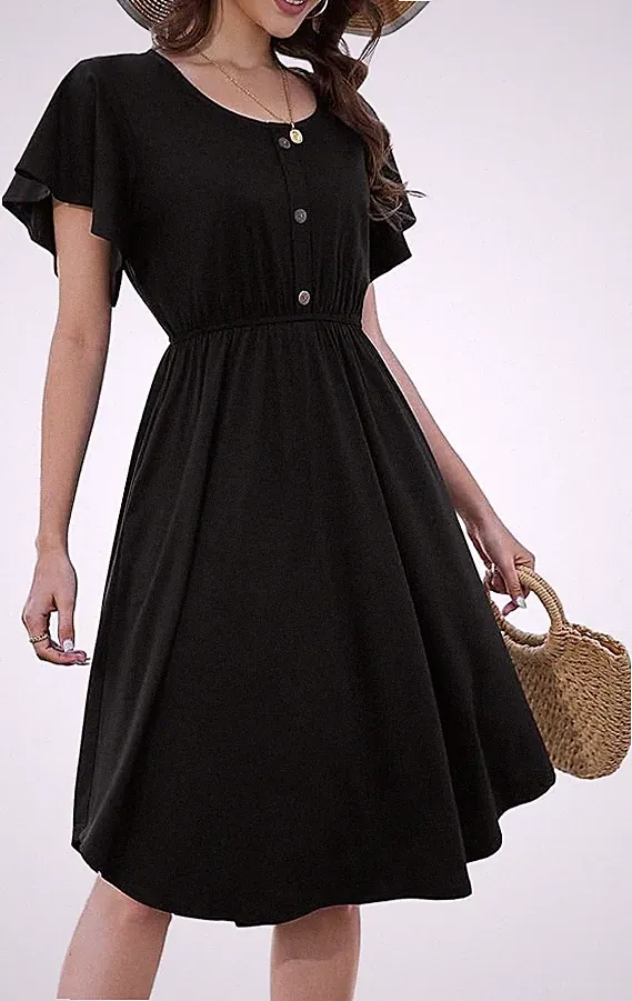 Sommerkleid Damen Swing Kurzarm Taschen Baumwolle Volant Midi Schwarz Größe S