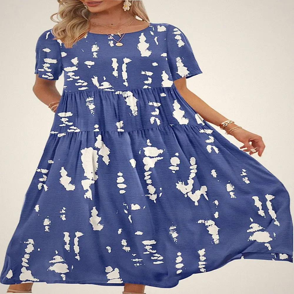 Sommerkleid Lang Freizeit Damen Blumenmuster Rundhals Maxikleid