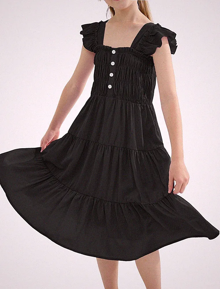 Sommerkleid Mädchen Schwarz Elegant Puffärmel A-Linie Viskose Gr. 140 8-9 J.