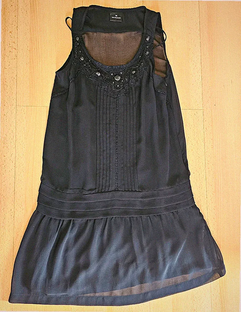 Sommerkleid mit Unterkleid Damen Gr. 36 schwarz kurz ärmellos Perlen Pailletten
