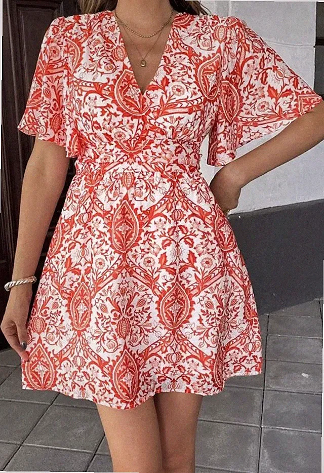 Sommerkleid Partykleid Geblümt Weiß Rot L 40 (12)