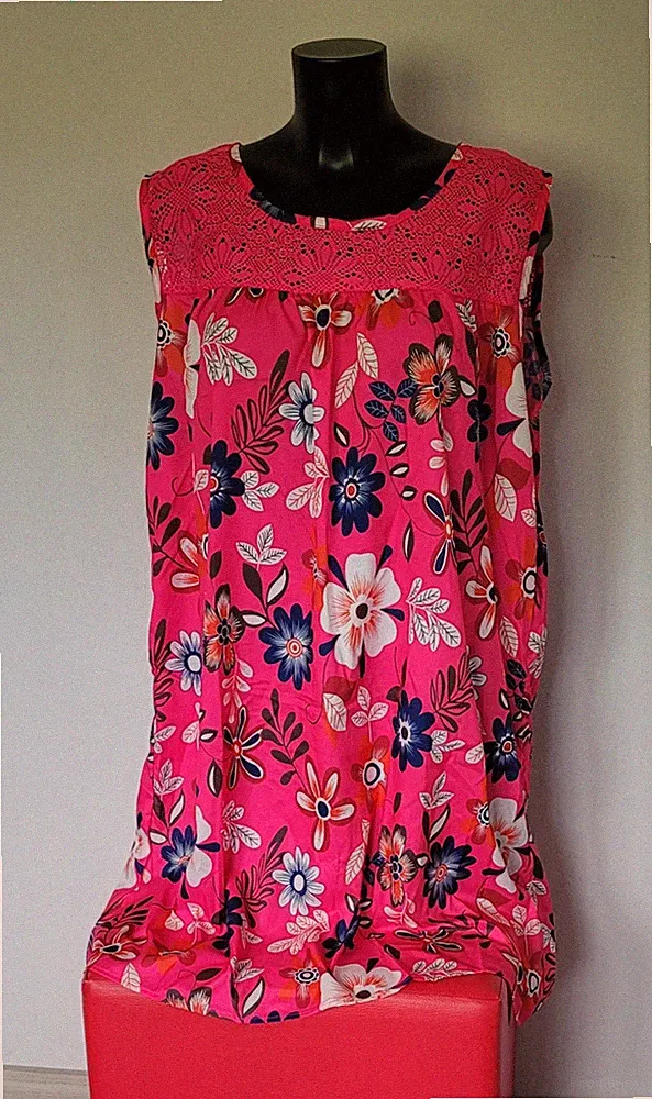 Sommerkleid pink-farbig mit Netzeinsatz Gr. 4XL (46-48) ärmellos, Länge 90 cm
