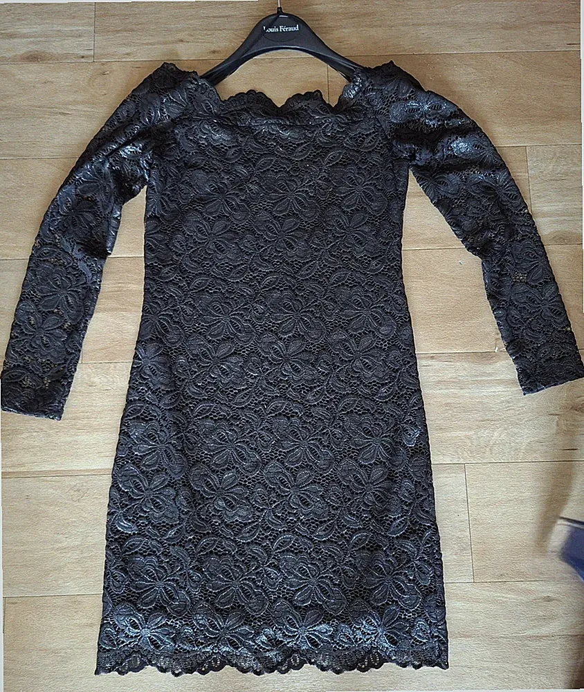 sonstige Damen Etuikleid Spitze Blumen Carmen Langarm kurz Schwarz S/M